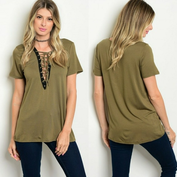 Love Riche Tops - Olive Lace up Jersey Top